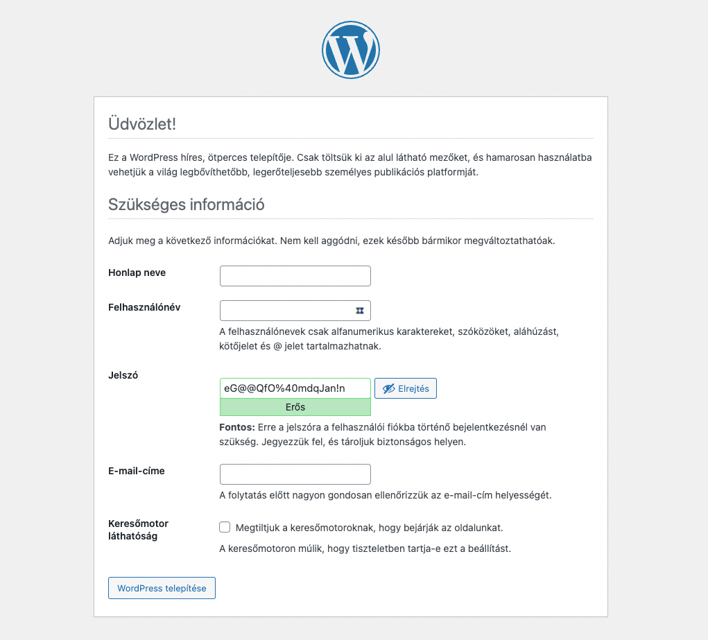 WordPress telepítés 4. lépés